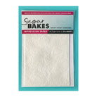 teal background with package with roses and leaves on white parchment and sugar bakes impression paper label