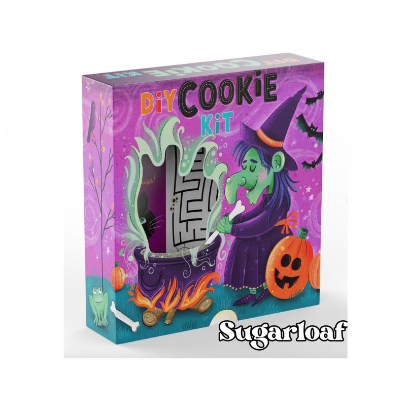 DIY Cookie kit from sugarloaf mountain in purple with a witch stirring a cauldron and pumpkins and bats around