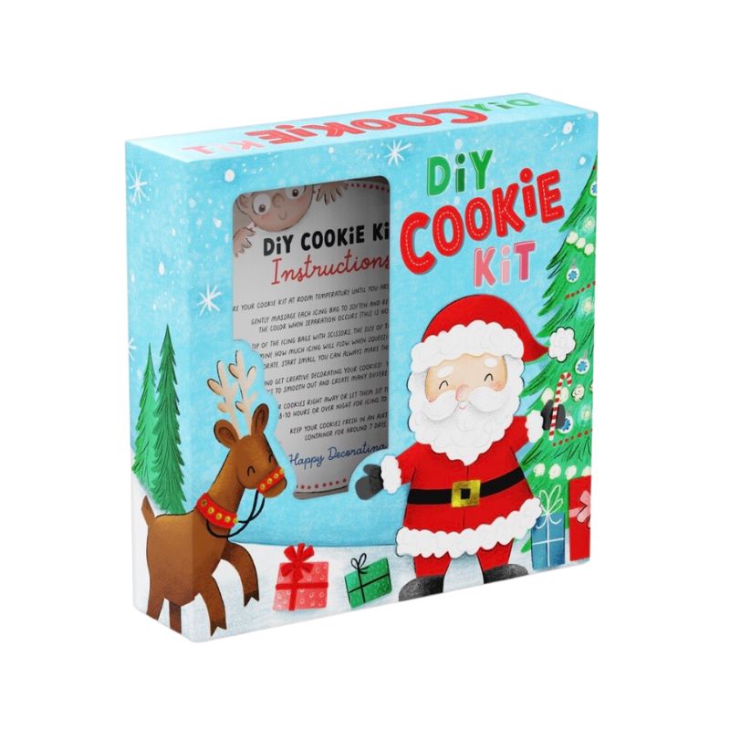 Box with DIY cookie kit with Santa and his reindeer on