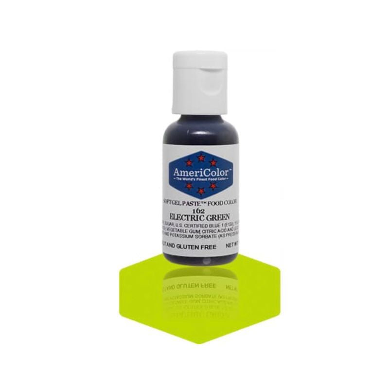 Bottle of Electric Green food gel paste for baking and desserts and is good for changing the colour of batters and doughs and icings 