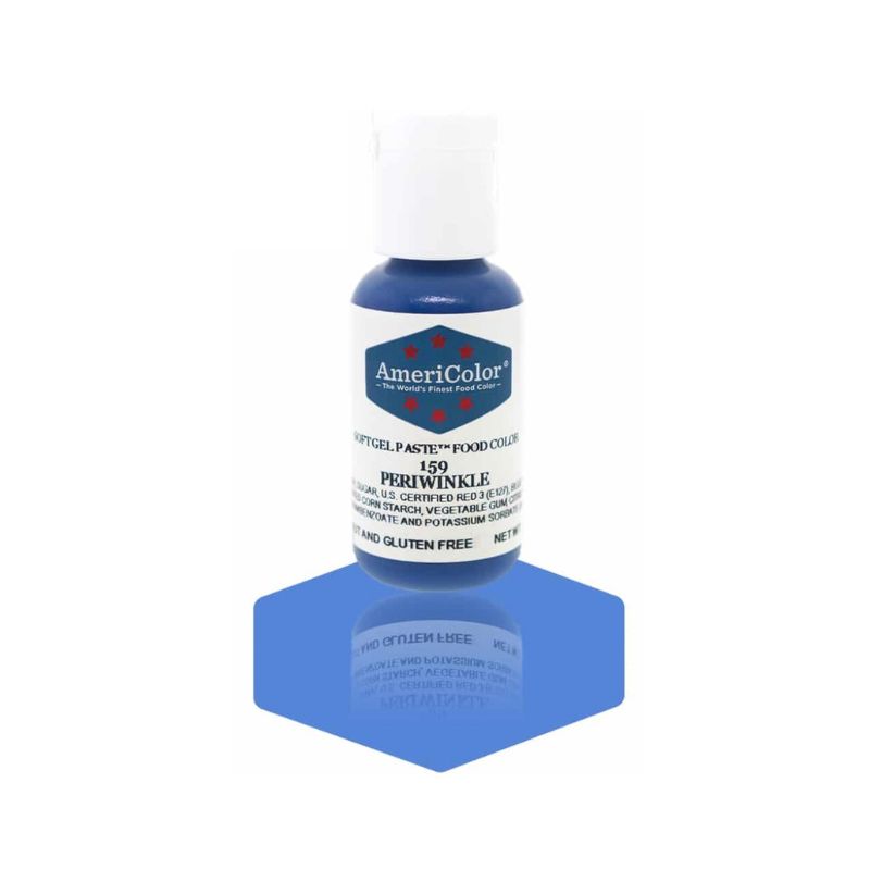 Bottle of Periwinkle food colouring for changing the colour of different kinds of icings and frostings for cake decorating and cookie decorating