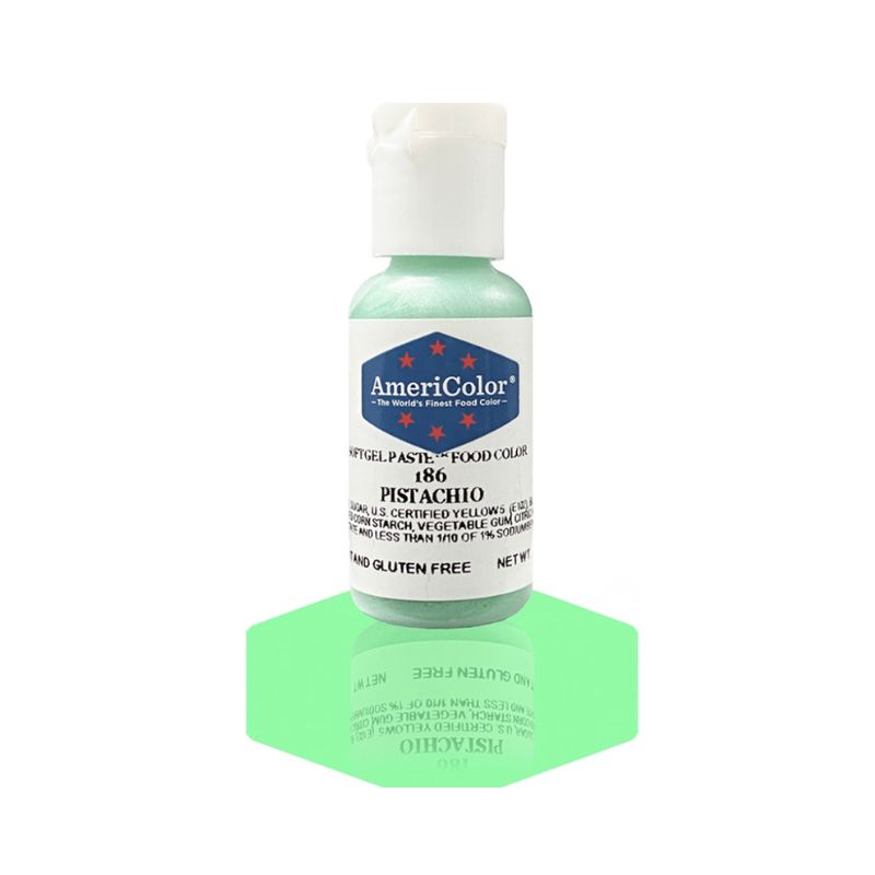 Bottle of Pistachio food gel colouring used for mixing into royal icing and buttercreams to decorate cakes and cookies