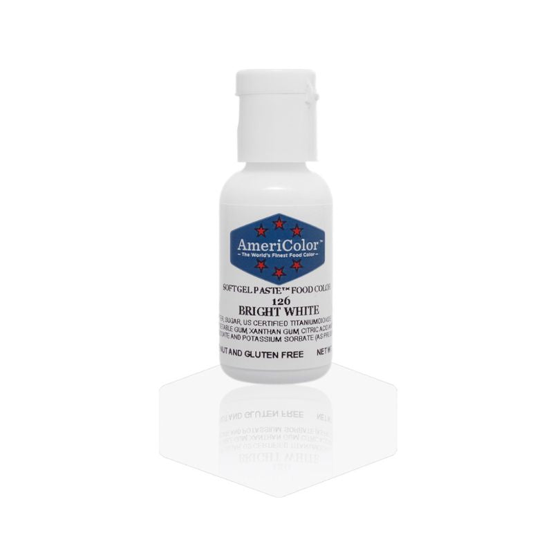 Bottle of bright white food colouring that is used to make icings and frostings whiter