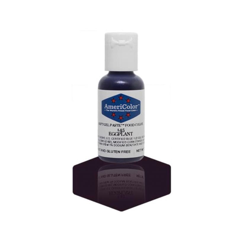 Small bottle of eggplant purple which when mixed into frostings and fondant and royal icing can make a very simple dark purple color