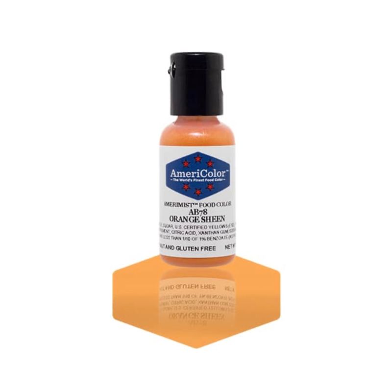 Orange Shimmer Sheen colour for Airbrush and is great to use for stencils or spray directly on your buttercream or royal icing