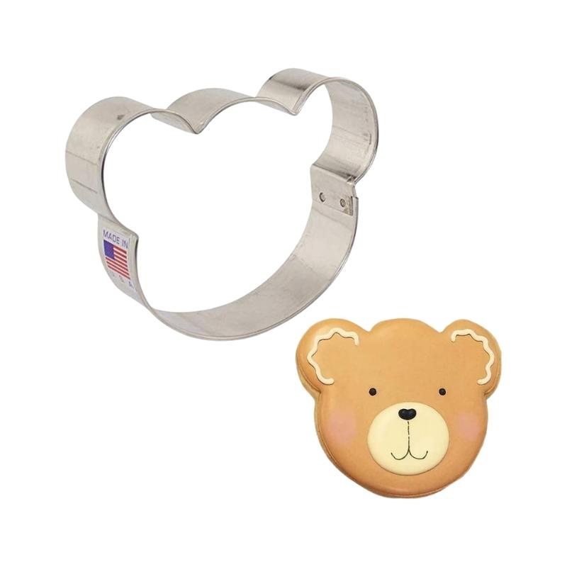 Stainless steel cookie cutter of a cute bear head that can be used to cutc cookie dough to make decorated cookies 