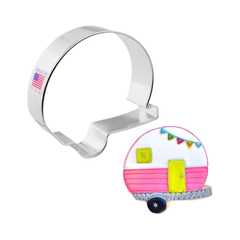 Camper cookie cutter for making cute camping themes decorated with royal icing cookies