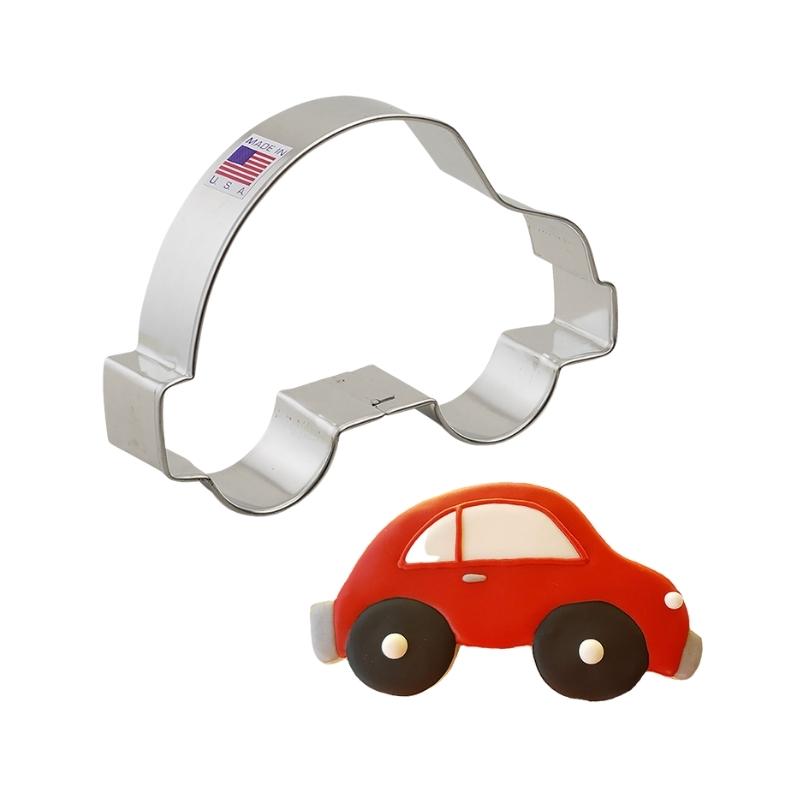 Side facing car cookie cutter that is red with black wheels in royal icing