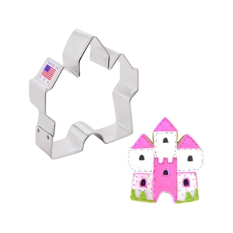 Princess castle cookie cutter used to make decorated castle cookies