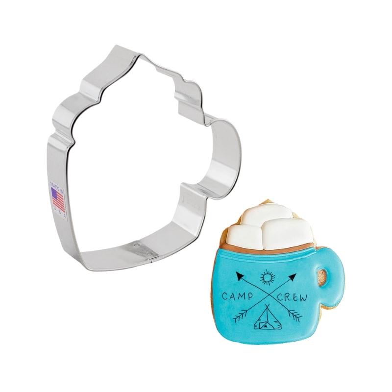 Cookie mug decorated cookie cutter used for making cozy hot drink cookies that are decorated with royal icing