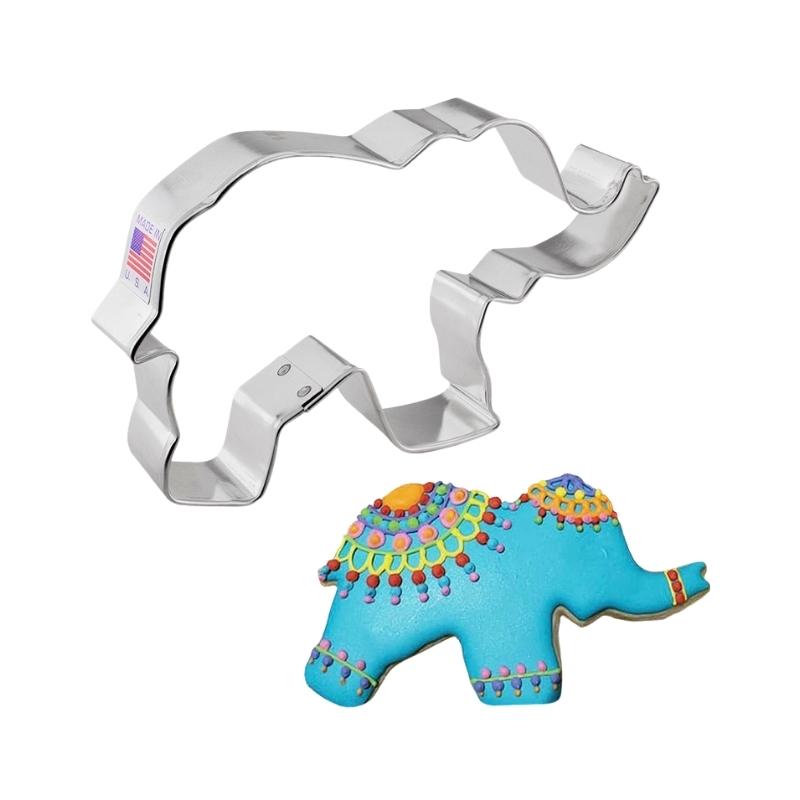 Large elephant full body cookie cutter made of stainless steel with detailed decorated cookie with mendi art 