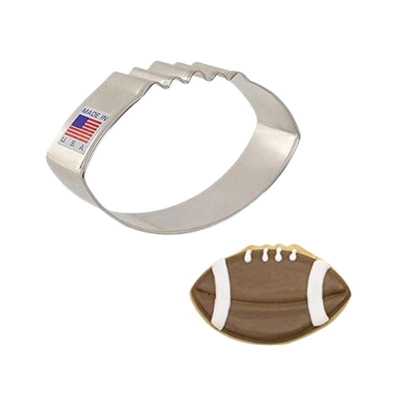 Stainless steel football cookie cutter made in the USA with flag and football sports cookie made from royal icing