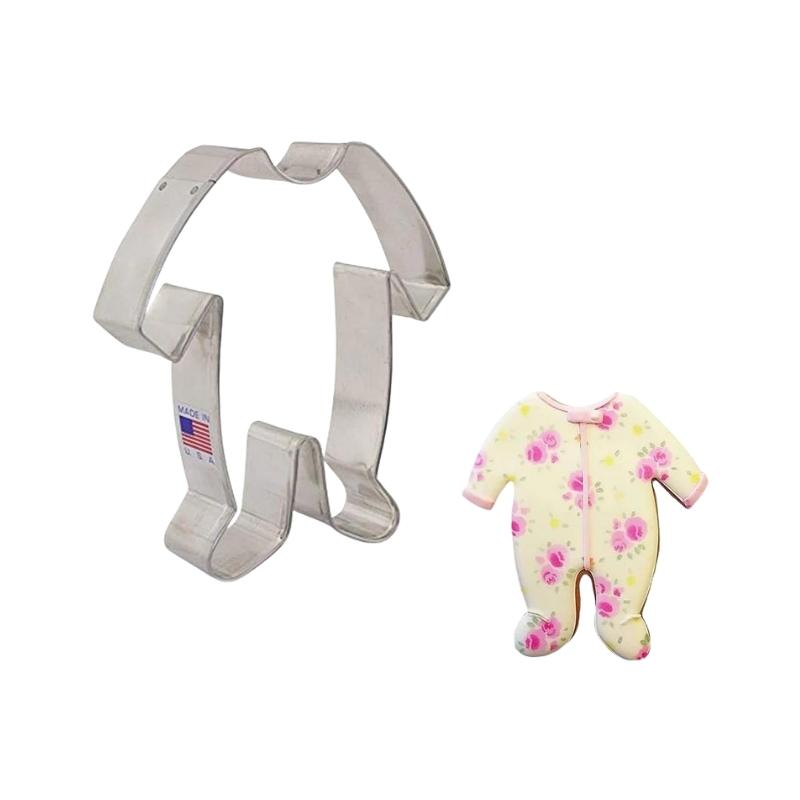 Baby onesie with feet cookie cutter that can cut cookie dough that can be made into baby shower decorated cookies