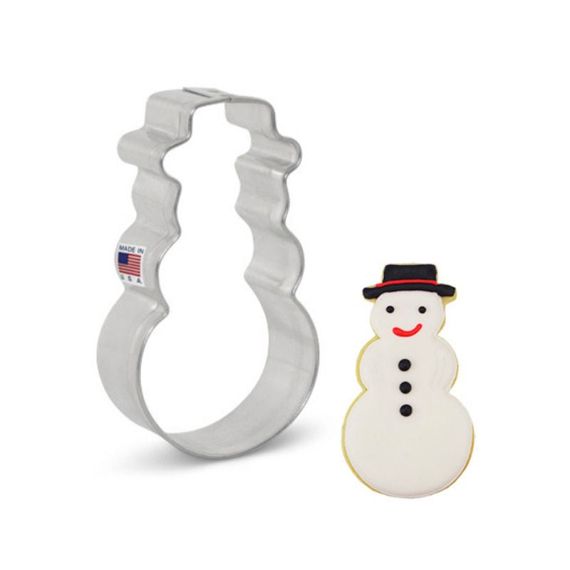 Stainless steel mini snowman with flag made in USA with mini snowman cookie decorated with royal icing