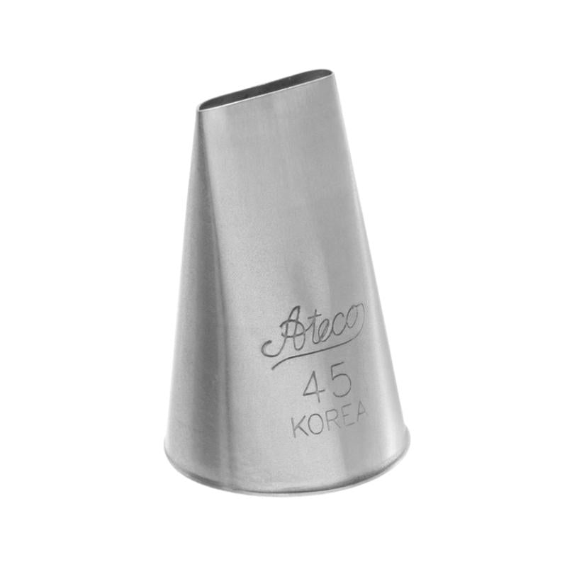 Metal piping tip with straight open edge on top and ateco 45 Korea engraved on bottom