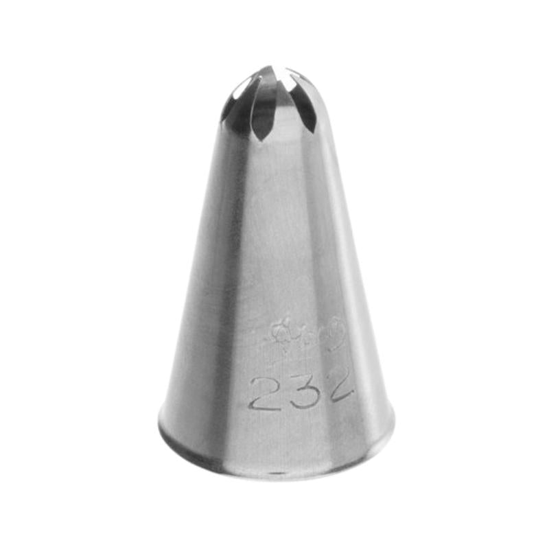 Metal cake piping tip with medium sized claws at the top and 32 written on bottom