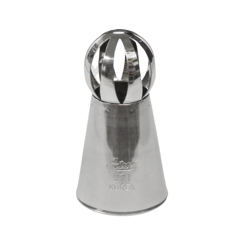 Stainless steel piping tip with big slits on top of ball with ateco 271 written on bottom