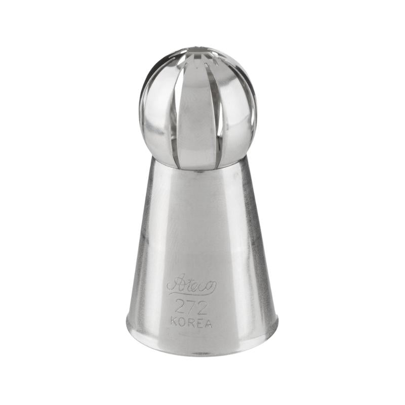 Metal piping tip with ball on top with medium slits and base has ateco 272 written 