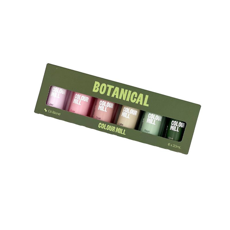 green box with botanical colour mill written on with 6 bottles of food colouring