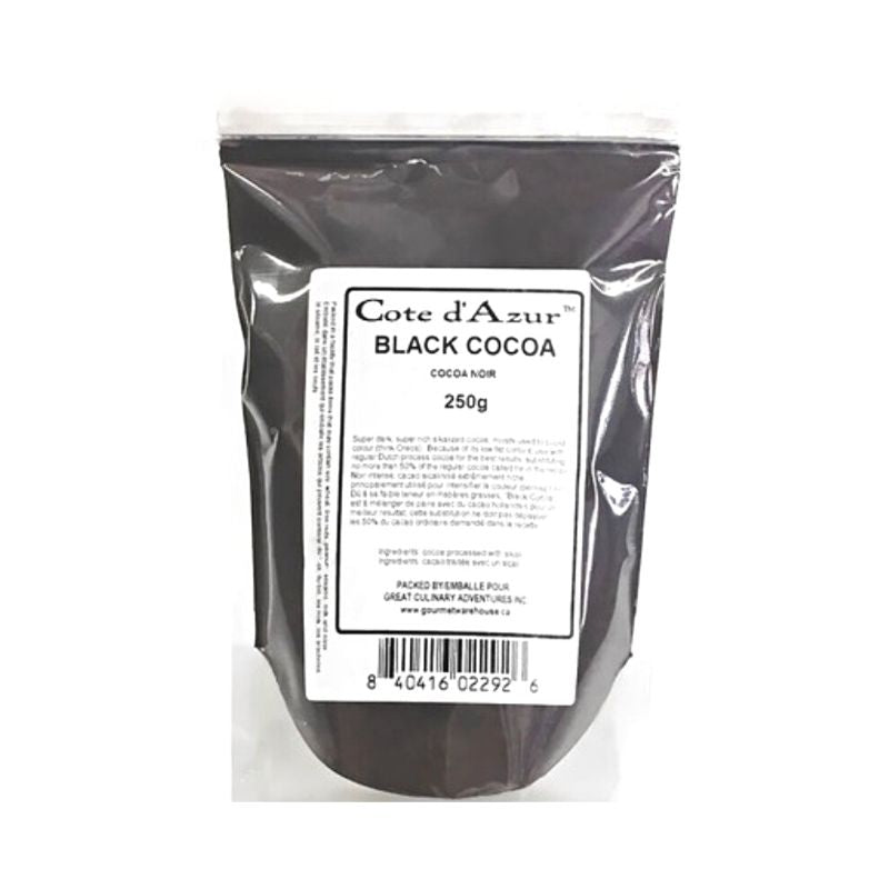 bag of black powder with white label and black cocoa written in black