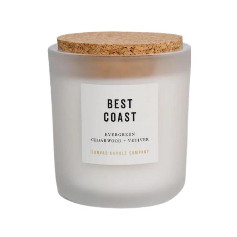 glass frosted candle with cork lid and best coast written on top