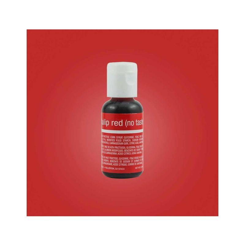 bottle of tulip red food coloring with no taste label on red background and white border