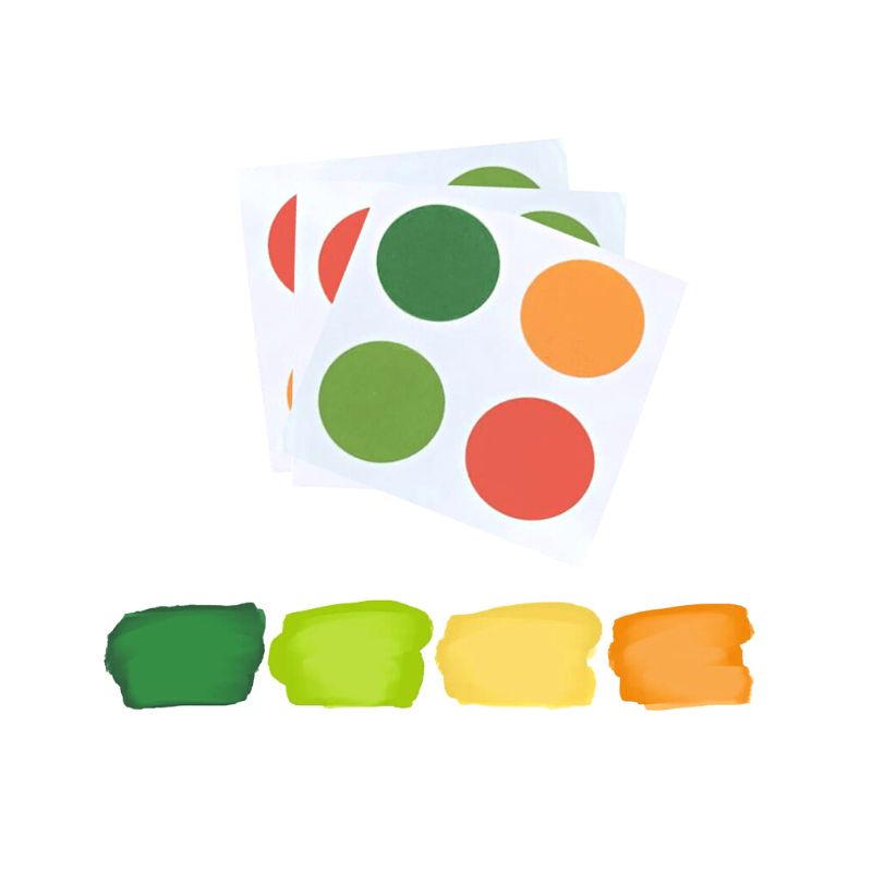 Sheets with 4 dots of green and oranges with 4 colours painted on 