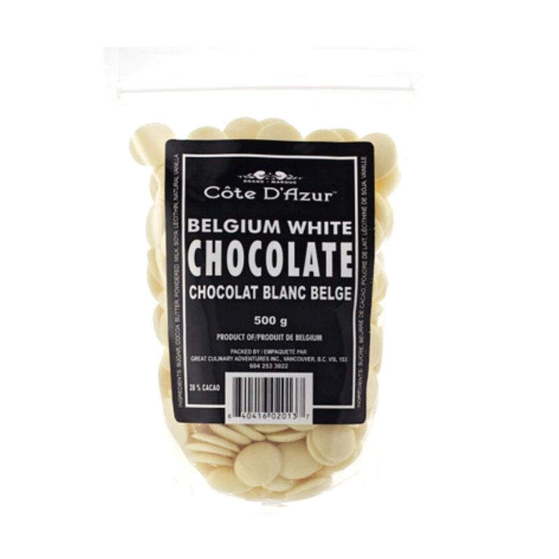 White chocolate circles in clear back with black label stating Belgium White Chocolate