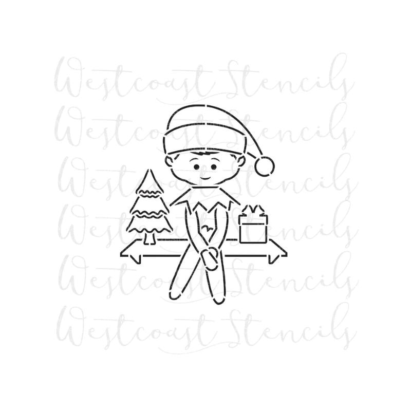 Line drawing from the "Paint your own stencil outline" collection features a cute elf wearing a hat with a pom-pom, sitting on a wooden plank with a small decorated Christmas tree on one side and a wrapped gift on the other.