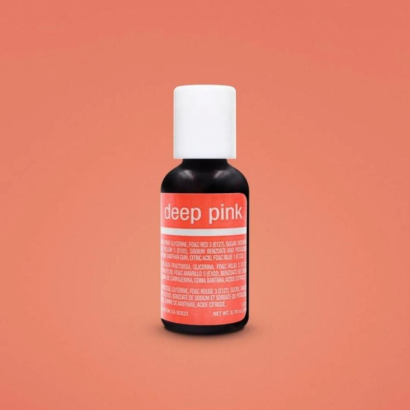 Deep pink bottle of chef master gel food coloring on light salmon background