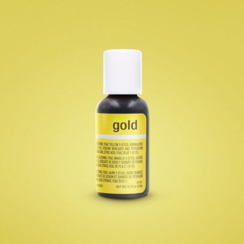 gold gel food color bottle with white lid on gold background