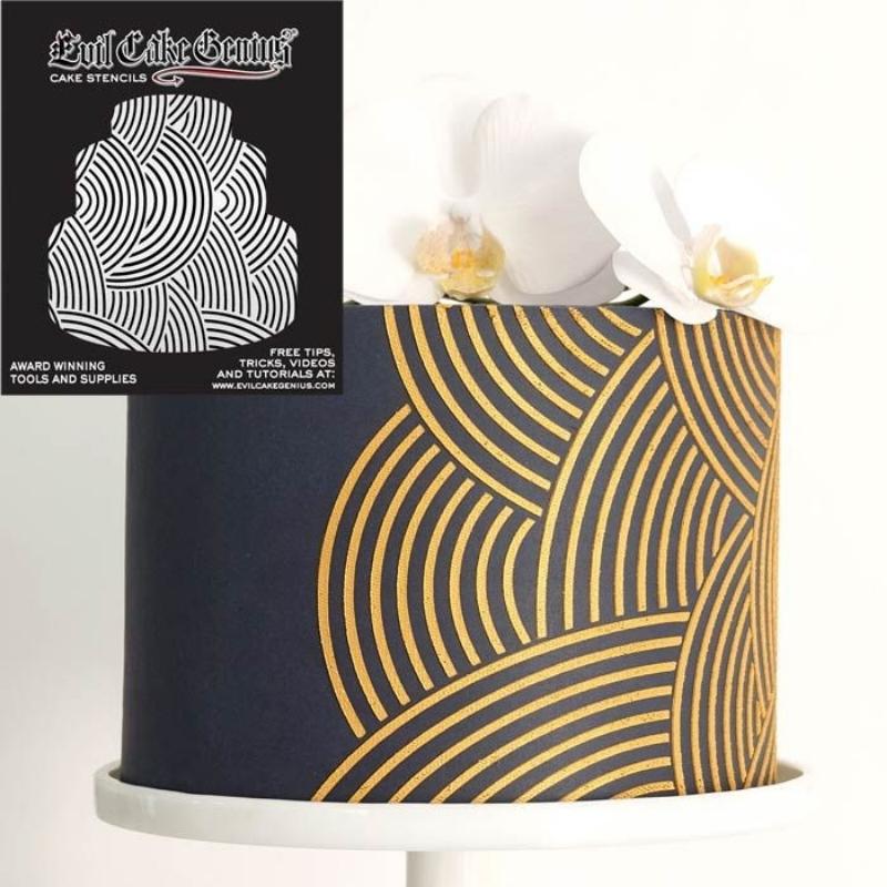 A cake showcasing gold and Navy Linear  patterns, adorned with an orchid flower on the top, is complemented by a black stencil packaging labeled "Evil Cake Genius Cake Stencil" displayed beside it.