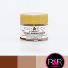Container with gold lid and white label that has roxy & rich Fondust Chocolate Brown with different shades of brown blocks on the bottom