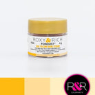 Container with gold lid and white label that has roxy & rich Fondust egg yellow with different coloured yellow shades