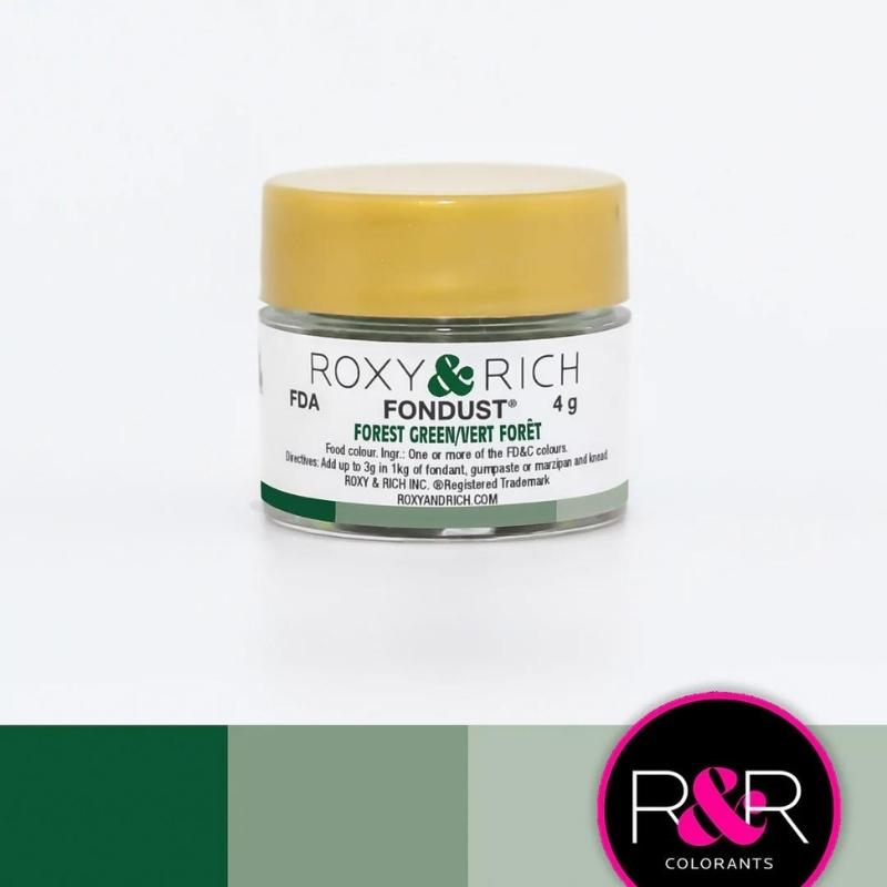 Container with gold lid and white label that has roxy & rich Fondust forest green writing and different shades of forest green colours 