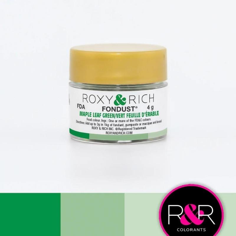 Container with gold lid and white label that has roxy & rich Fondust Maple Leaf Green and different colour shades of leaf green on the bottom