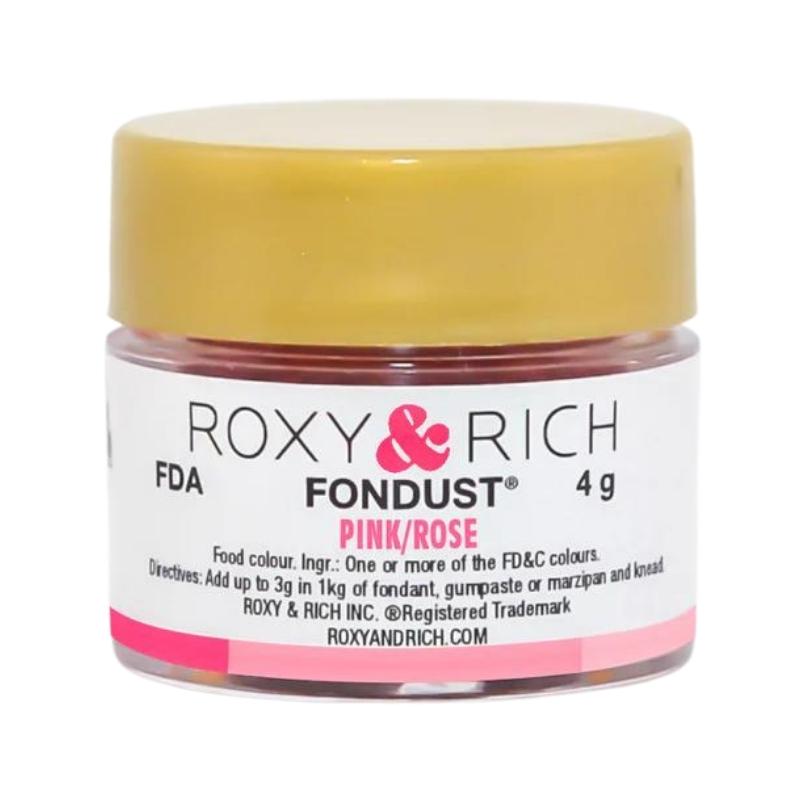 Container with gold lid and white label that has roxy & rich Fondust pink