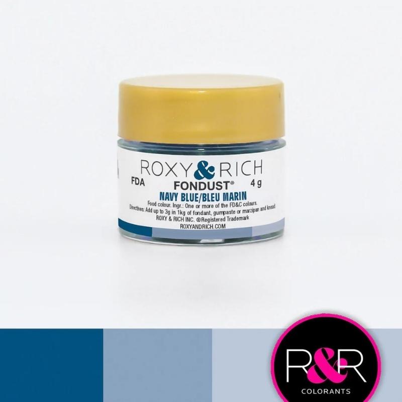 Container with gold lid and white label that has roxy & rich Fondust Navy blue with different shades of navy in blocks on the bottom of the image