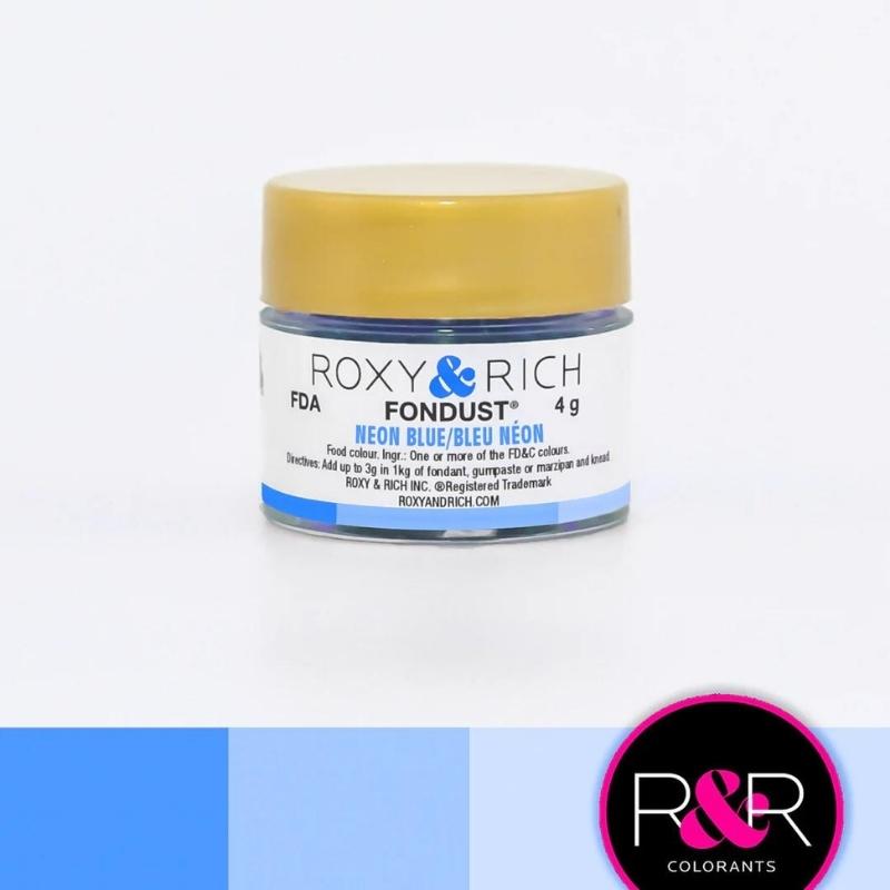 Container with gold lid and white label that has roxy & rich Fondust Neon Blue writing and different shades of blue in blocks on the bottom
