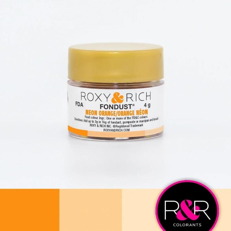 Container with gold lid and white label that has roxy & rich Fondust Neon Orange with block shades of orange on the bottom