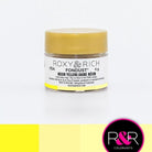 Container with gold lid and white label that has roxy & rich Fondust neon yellow with different shades of yellow in blocks on the bottom