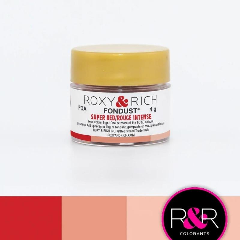 Container with gold lid and white label that has roxy & rich Fondust super red writing with different shades of red on the bottom in blocks