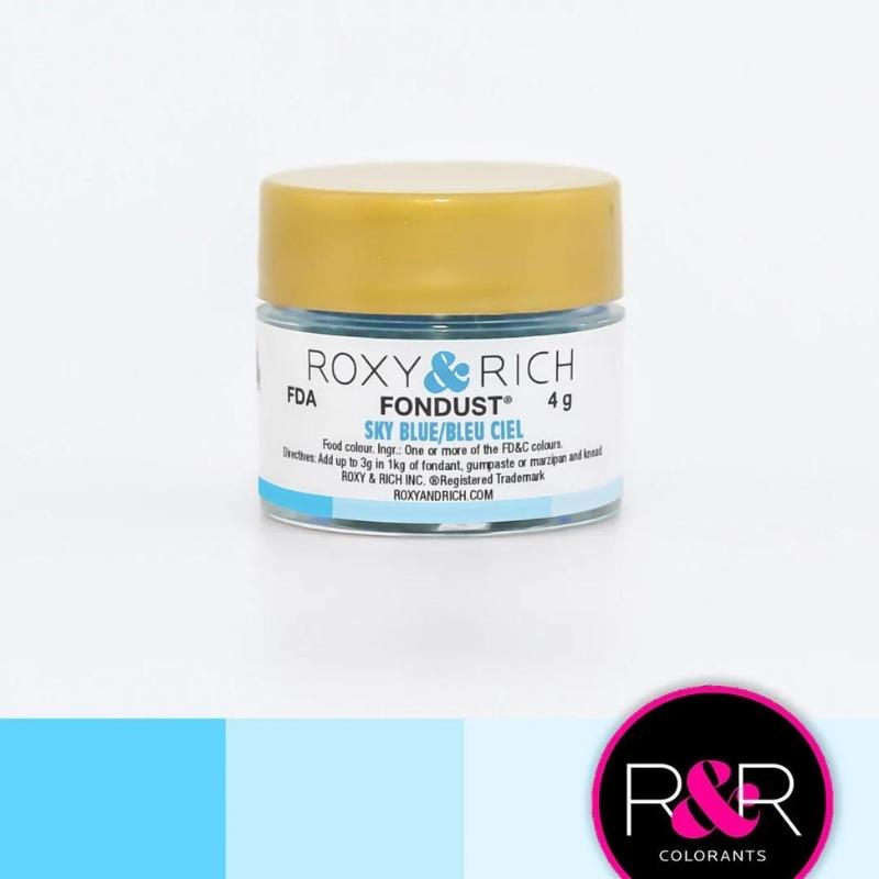 Container with gold lid and white label that has roxy & rich Fondust sky blue writing and different shades of blue on the bottom