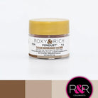 Container with gold lid and white label that has roxy & rich Fondust Tuscan Brown with different block colour shades on bottom