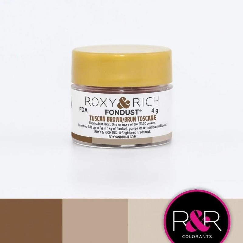 Container with gold lid and white label that has roxy & rich Fondust Tuscan Brown with different block colour shades on bottom